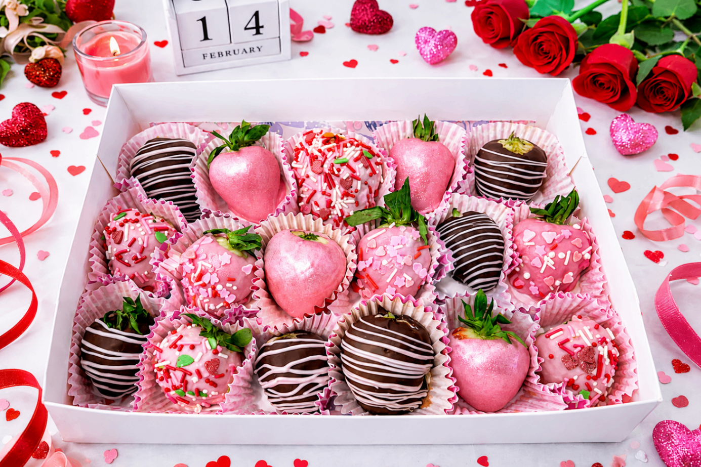 Pink and chocolate dipped strawberries styled in a romantic Valentine's gift box