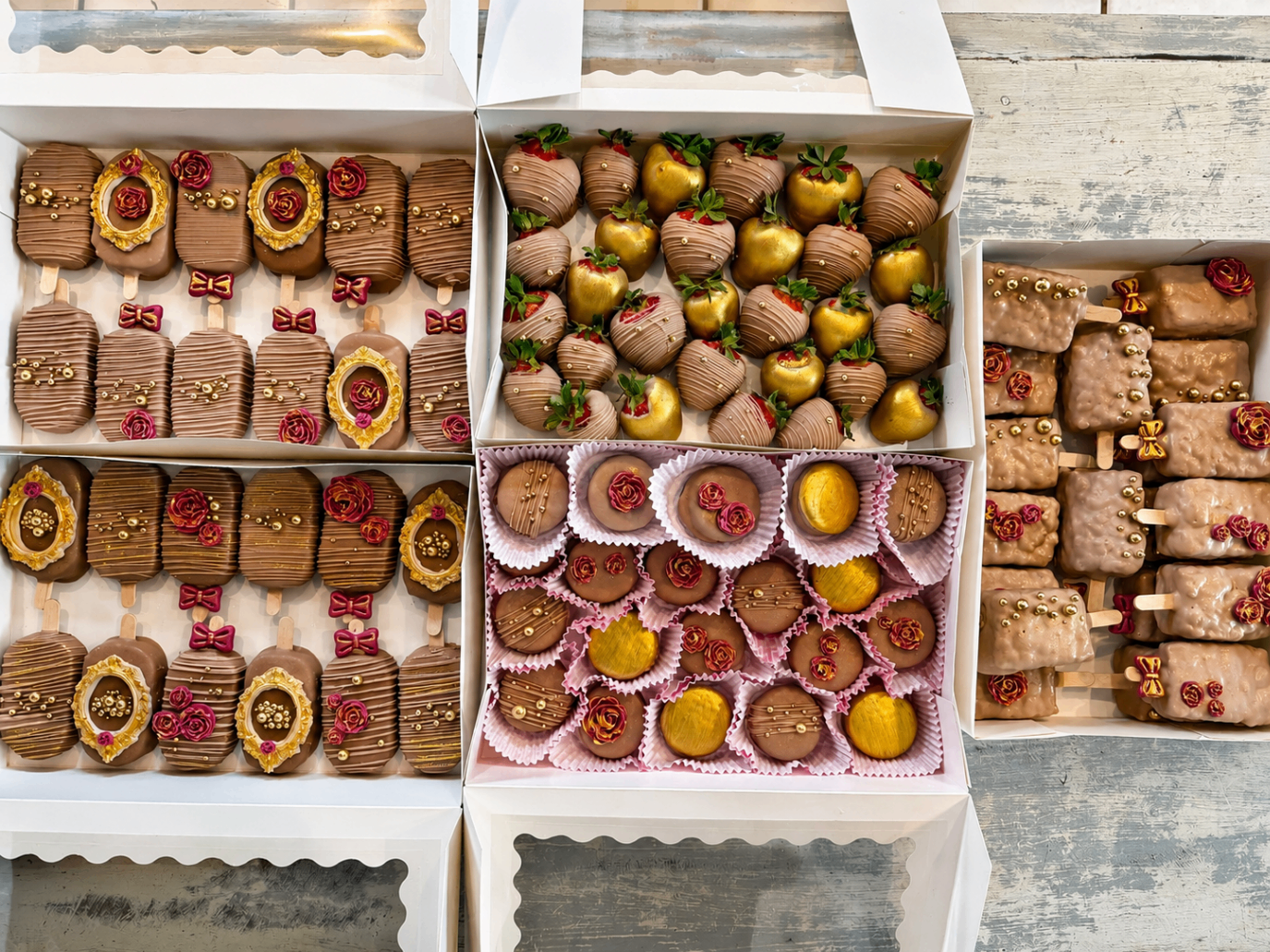 Blush and gold luxury cakesicles arranged in an editorial flat lay