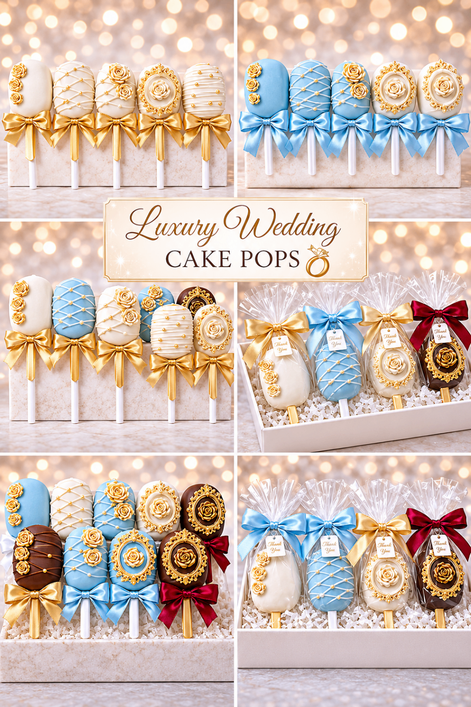 Luxury wedding cakesicle collage with multiple favor bag and palette options