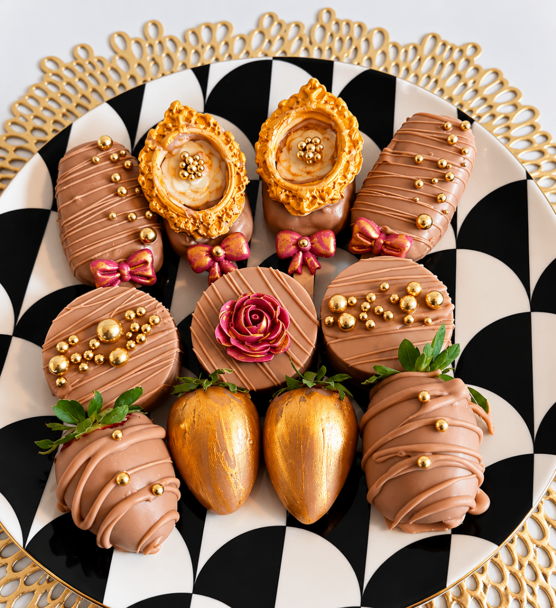 Luxury chocolate dipped Oreos and berries styled on a black and white plate with gold details
