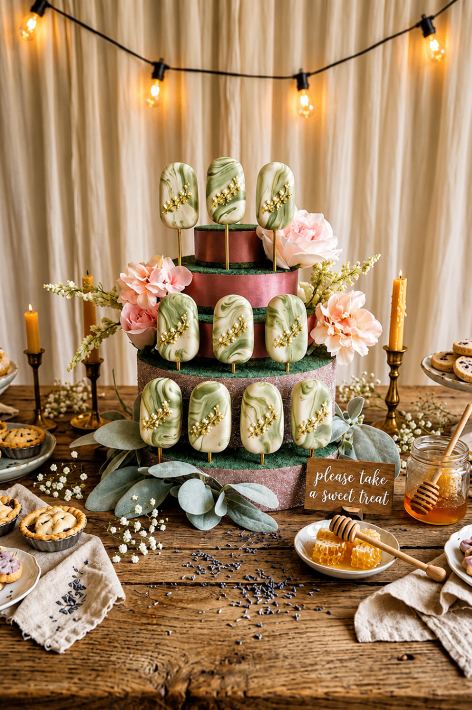 Tiered cakesicle event display with candles, flowers, and farmhouse styling